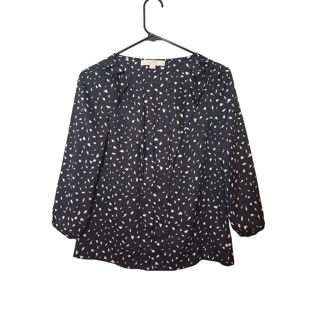 LOFT Petites XXSP Black White Abstract Print Pleated Front 3/4 Sleeve Blouse